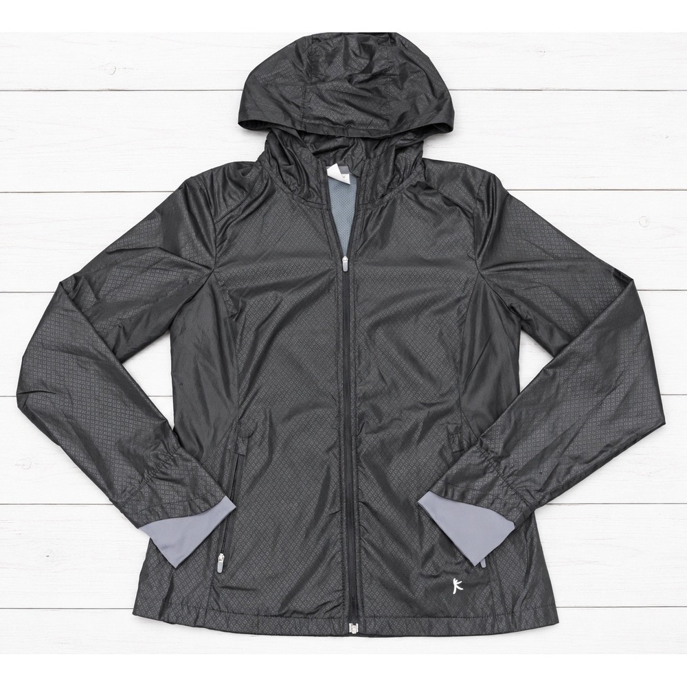 Danskin Now Windbreaker Hooded Jacket Black Soot Reflective Activewear Small 4-6